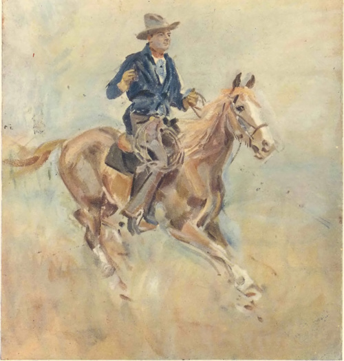 WOJCIECH KOSSAK (Z wystawy w Tow. przyj. Sztuk pięknych, Kraków) COWBOY (ol.).