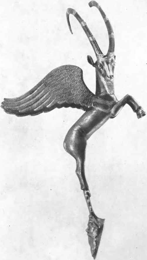 Ryc. 7. SREBRNA WYZŁACANA FIGURKA SKRZYDLATEGO KOZŁA Z EPOKI ACE1EMEN1DÓW, V. w. przed Chr. Wys. 27'5 cm. Wł. Muzeum w Berlinie.