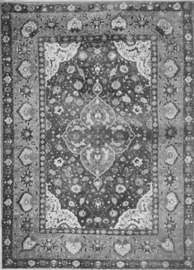 Ryc. Nr. 6. Jedwabny dywan z jedwabna również osnowa. “Kashan“. Pierwsza połowa XVI w. Wymiar: 2’50X1’50 m. Właśc.: Musée des Gobelins. Paryż.