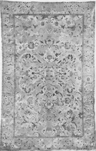 Ryc. Nr. 13. Jedwabiu. przetykany metalową nicią dywan .”polski“ (“tapis polonais“). W tonacji zasadniczej jasno lazurowej. Około 30 inszych tonów i półtonów. Wcześniej XVII u. lub koniec XVI-go. Wymiar: 2’65 x 1’65 m. Właśc.: Klasztor O.O. Filippinów w Studzienic koło Spały.