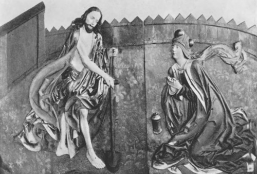 Wit Stwosz. “Chrystus z Marją Magdaleną” (Płaskorzeźba z prawego nieruchomwego srzydła ołtarza marjackiego, po restauracji.