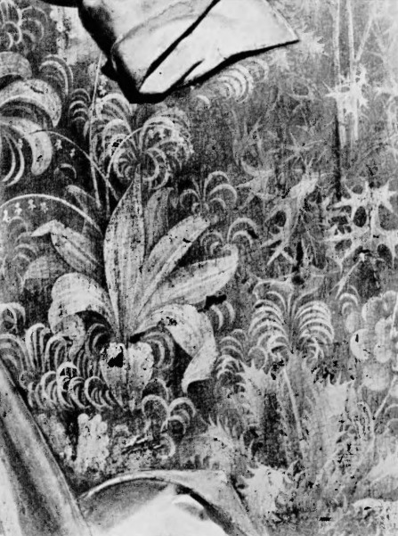 Wit Stwosz: Fragment płaskorzeźby ołtarza marjackiego “Spotkanie Chrystusa z Marją Magdaleną”, z odsłoniętą przez restaurację partją roślinności.