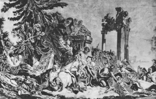 Francois Boucher. Bakchus i Arianna. Gobelin z serji “Les amours des Dieux” tkanej w Beauvais według kartonów Bucher’a.