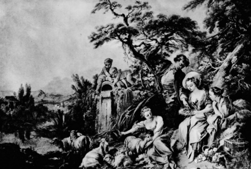 Francois Boucher. Gniazdko “Pastorale”, zamówiona jako dekoracja przez Ludwika XV. w r. 1737. Pochodzi zapewne z gabinetu królewskiego w pałacu w Fontainebleau.
