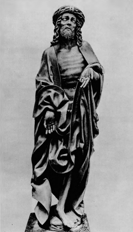 Wit Stwosz. Chrystus zjawiający się Marji (szczegół. 2m. wysoka figura z drzewa dębwego, fundacji Pawła Volckamera, dla kościoła św. Sebalda w Norymberdze).