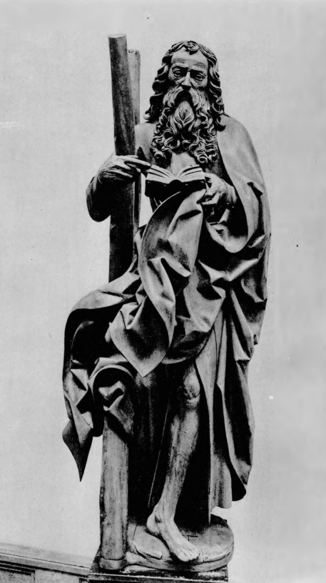 Wit Stwosz. Św. Andrzej (r. 1505-1507, wysok. 1.97 m., drzewo lipowe, fundacja rodziny Tucherów dla kścioła św. Sebalda w Norymberdze).