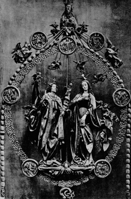 Wit Stwosz. Pozdrowienie anielskie (r. 1517-1518, drzewo lipowe z resztkami dawnej polichromji, figury 2.18 m. wysk. fundacja Antoniego Tuchera dla kościoła św. Wawrzyńca w Norymberdze).