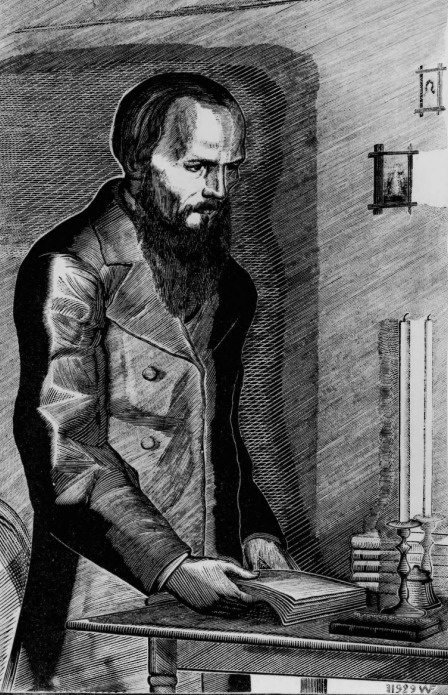 Włodzimierz Faworski (Sowiety). Portret Dostojewskiego (drzeworyt).