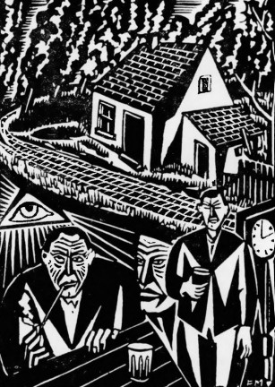 Frans Masereel. Drzeworyt do E. Verhaeren’a “Cinq récits, 1920. (rozm. 12X8,5 cm.).