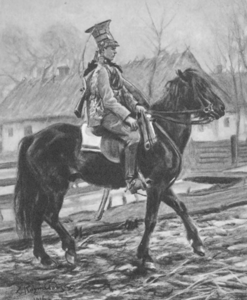 Zygmunt Rozwadowski. Bielniak na zdobyczym koniu kozackim (rys. węgl.).