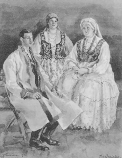 Józef Pieniążek. Rodzina chłopska z pod Szczyrzyca (akwar.).