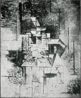 MANDOLINISTKA. Pablo Picasso. Oba te obrazy kubistyczne pochodzą z drugiego okresu pracy tego kierunku jako wyraz analizy formy przeciwdziałającej dynamicznym usiłowaniom futuryzmu.