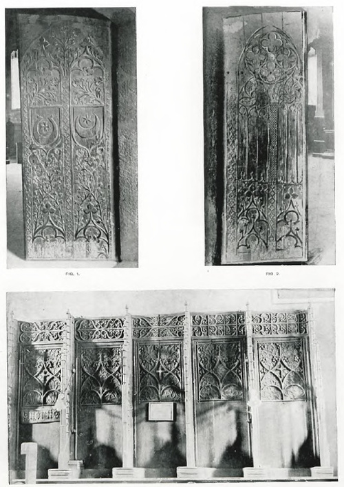 TABL. IX. FIG. 1-2. DRZWI DREWNIANE W KOŚCIELE PARAFJALNYM W BIECHOWIE . FIG. 4. STALLE W KOŚCIELE 00. BERNARDYNÓW W TARNOWIE.