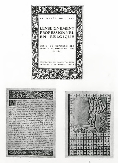 TABL. XXXIV. 1. BELGJA. STRONA TYTUŁOWA WYDAWNICTWA MUZEUM KSIĄŻKI. 2. WŁOCHY KARTKA Z KSIĄŻKI ,,LA VITA NUOVA“ WYDAWNICTWA INSTYTUTU SZTUK GRAFICZNYCH 3. HISZPANIA. OPRAWA KUTA W METALU DO KSIĄŻKI „LE SPHINX