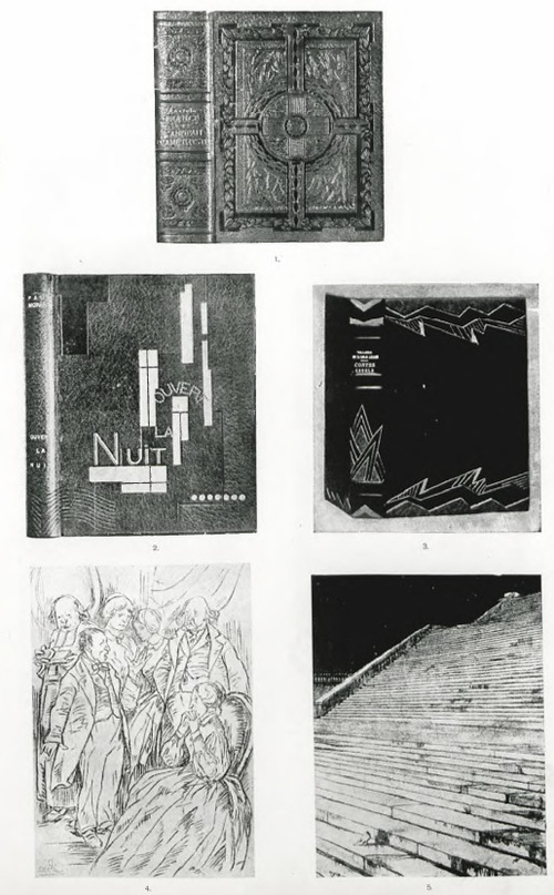 TAB L. XXXV. FRANCJA: 1. KIEFFER. OPRAWA CIELĘCA. 2. PIERRA LEGRAIN. OPRAWA SAFIANOWA. 3. S. ROUSSY. OPRAWA Z E SKÓRY CIELĘCEJ. 4. BERNARD NAUDIN. ILUSTRACJA DO KSIĄŻKI BOURARD ET PECUCHET. 5. ILUSTRACJA DO BAJKI.