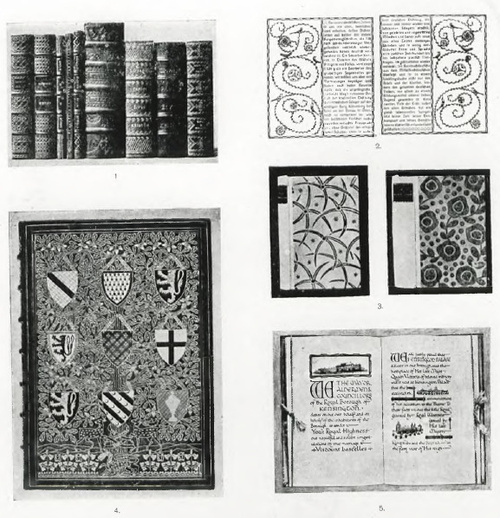 TABL. XXXVI. CZECHY. OPRAWY SZKOŁY PROF. BRUNNERA W PRADZE . 2. AUSTRJA. DE CZESCHKA, STRONA ILUSTROWANA DO DZIEŁA “NIEBELUNGEN“. 3. SZWECJA. OPRAWY W PŁÓTNO DRUKOWANE RĘCZNIE. 4. 5. ANGLIA. MRS. WEBB. OPRAWA W SKÓRĘ ŚWIŃSKĄ. ANGLIA. DYPLOM OFIAROWANY PRZEZ M. KENSIGTON KSIĘŻNICZCE MARY.