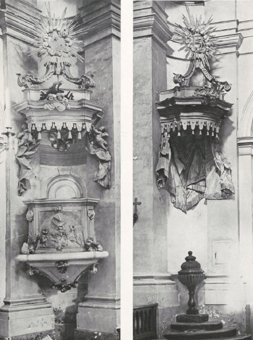 7 i 8. Monasterzyska, Kościół parafialny, kazalnica i chrzcielnica, około r. 1754. Fot. F. Haczewski.