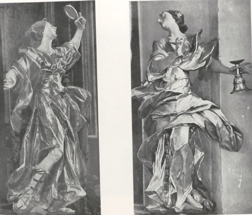 69 i 70. Pinzel: Figury alegoryczne “Prawdy” i “Wstrzemięźliwości” w ołtarzu ś. Walentego kościoła w Nawarii, r. 1768. Fot. W. Tyss.
