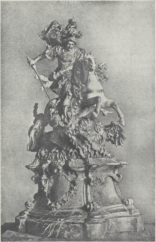 69. Bamberg. Galerja Miejska. Posążek konny ś. Jerzego, dłóta Ferdynanda Dietza. — Podług reprodukcji w dziele A. E. Brinckmanna p. t. Barock-Bozzetti.