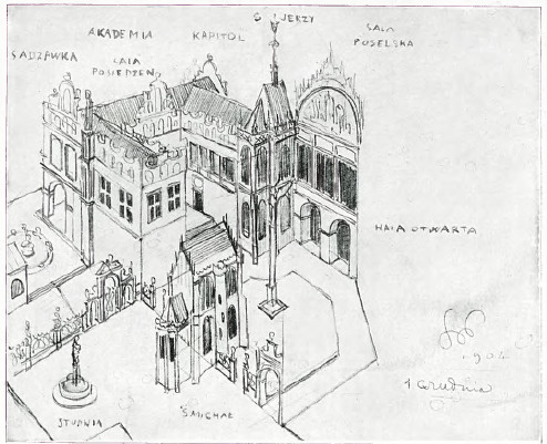 Projekt zabudowania wzgórza wawelskiego, (obmyślany przy współudziale arch. W. Ekielskiego) rys. ołówkiem.