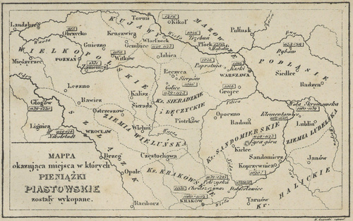 MAPPA okazująca miejsca w których pieniążki piastowskie zostały wykopane.