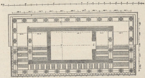 Fig. 144. Świątynia Nemezis w Ramnus (Połowa dolna przedstawia plan poziomy, górna podział sufitu.)