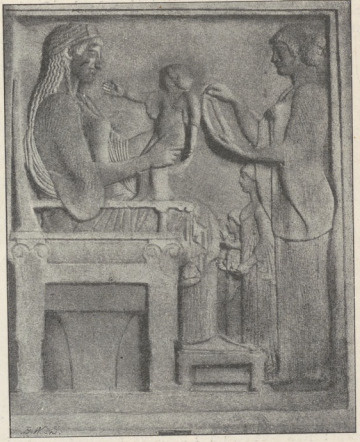 Fig. 167. Nagrobkowa płaskorzeźba archaiczna z Villa-Albani. Rzym
