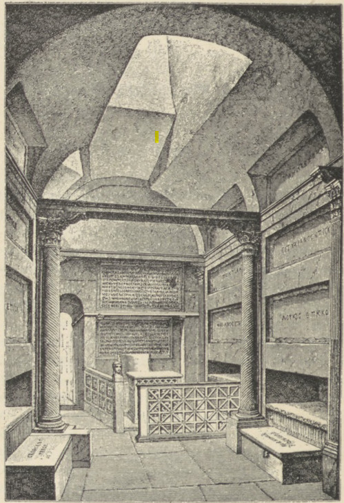 Fig. 1. Krypta papieska. Katakumby Ś. Kaliksta. Widok odtworzony. Rossi.