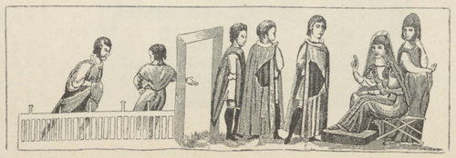 Fig. 34. Żona Putyfara obwiniająca Józefa. Rękopis Księgi rodzaju. Wieden.