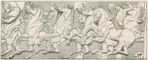 Fig. 199. Grupa jeźdźców z fryzu wschodniego Partenonu. Ateny i Muzeum Brytańskie.