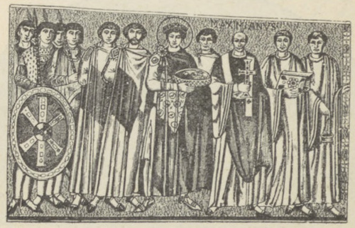 Fig. 42. Justynian i jego świta. Mozaika z S. Vitale w Rawennie.
