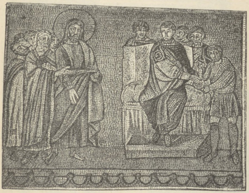 Fig. 43. Chrystus przed Piłatem. Mozaika z S. Apollinare Nuovo w Rawennie.