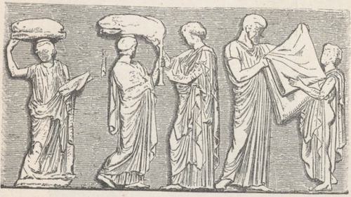 Fig. 200. Grupa środkowa fryzu wschodniego Partenonu. Muzeum Brytańskie.