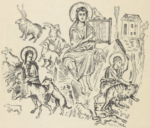 Fig. 50. Dawid z trzodą. Miniatura z psałterza greckiego Chliudowa w Moskwie.
