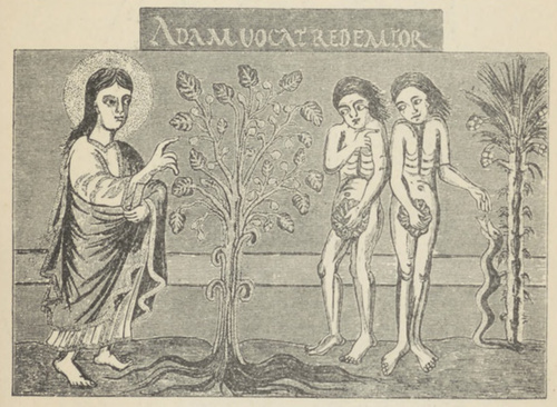 Fig. 79. Spełnienie grzechu. Z biblii Alkuina. Londyn. Muz. Brytańskie.