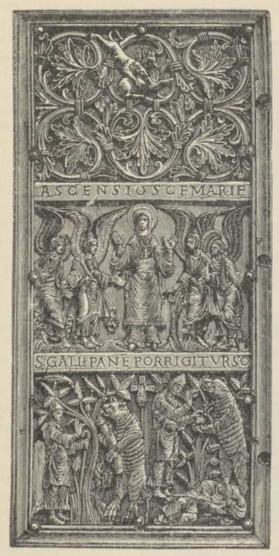 Fig. 84. Płaskorzeźba w kości słoniowej z Titulo. Z oprawy Evangelium longun. St. Gallen.