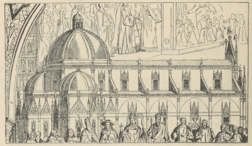 Fig. 341. Wyobrażenie katedry florenckiej na fresku kaplicy hiszpańskiej w S. Maria Novella we Florencyi.