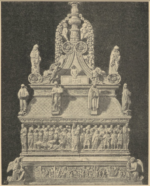 Fig. 12. Grobowiec (arka) św. Dominika w S. Domenico w Bolonii (bez posągu końcowego). (Płaskorzeźba wielka na cokóle jest roboty Niccola Pisano i Fra Giugliema).