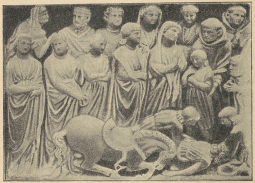 Fig. 13. Św. Dominik wraca życie rycerzowi, który spadł z konia. Płaskorzeźba z grobowca św. Dominika w Bolonii. Przez Niccola Pisano i Fra Giugliemo.