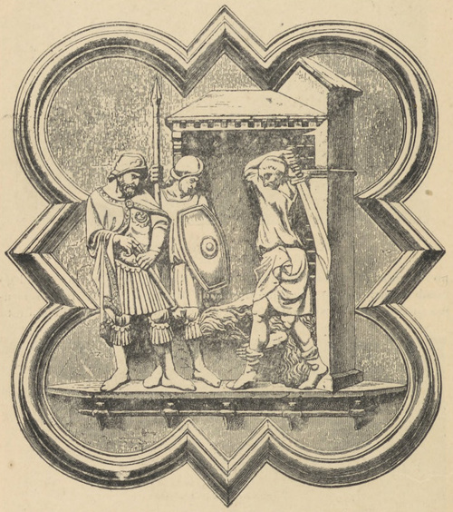 Fig. 18. Ścięcie głowy Janowi Chrzcicielowi. Andrea Pisano. Płaskorzeźba na drzwiach południowych Baptysterium we Florencyi.