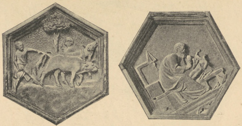 Fig. 19. Rolnictwo i rzeźba. Płaskorzeźby na dzwonnicy we Florencyi. Andrea Pisano.