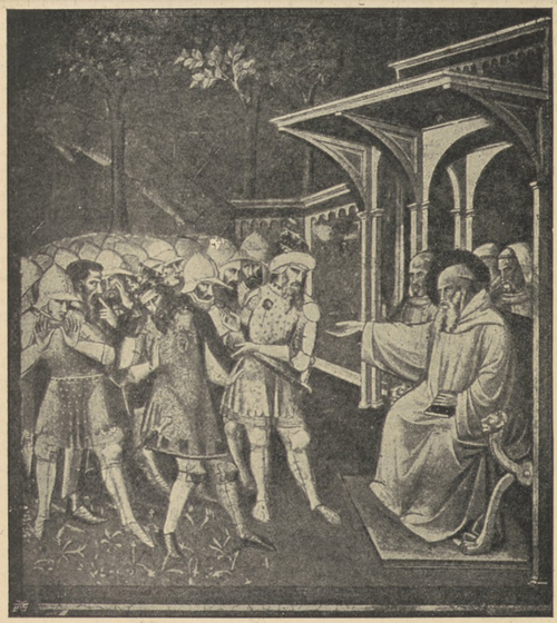 Fig. 26. Św. Benedykt przepowiada Totyli jego koniec. Malowidło ścienne Spinella w S. Miniato we Florencyi.