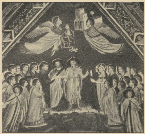 Fig. 28. Św. Franciszek zaślubia ubóstwo. Obraz ścienny Giotta w kościele dolnym w Assyżu.