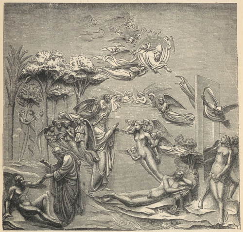 Fig. 69. Stworzenie człowieka i wypędzenie z raju. Fragment z drugich drzwi Ghiberti’ego. Baptisteryum florenckie.