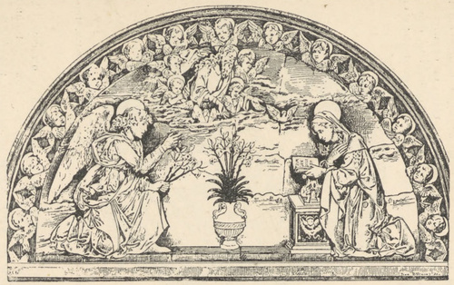 Fig. 84. Zwiastowanie. Płaskorzeźba ceramiczna Andrzeja della Robbio. Florencya. Spedale degli Inocenti.