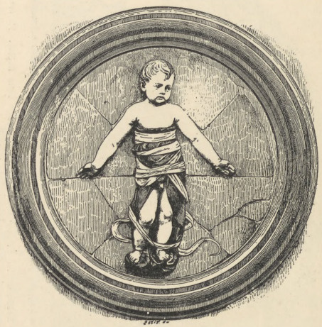 Fig. 85. Dziecko w powijaku. Płaskorzeźba ceramiczna Andrzeja della Robbia. Florencya. Spedale degli Innocenti.