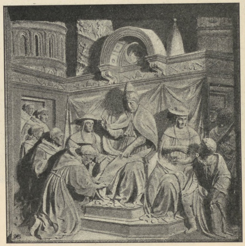 Fig. 100. Ś-ty Franciszek przed Inocentym III. Płaskorzeźba Benedetta da Majano. Florencya. Kazalnica w S. Croce.