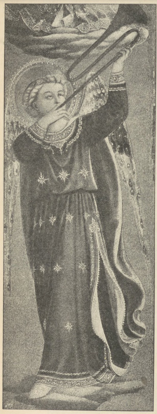 Fig. 123. Anioł trąbiący na puzonie (na ramach Madonny siedzącej na tronie) przez Fra Angelico da Fiesole. Florencya. Uffizi.