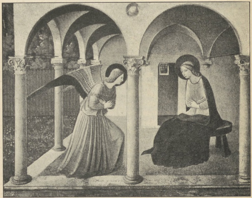 Fig. 124. Zwiastowanie. Obraz ścienny Fra Angelico da Fiesole. W klasztorze S. Marco we Florencyi.