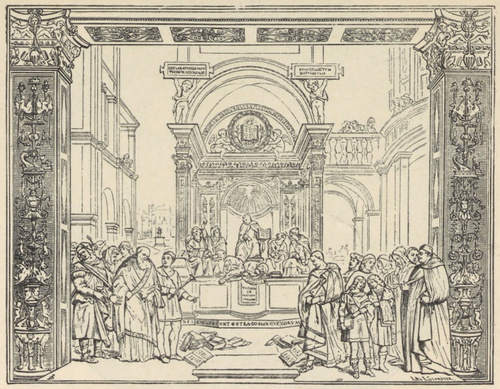 Fig. 132. Z tryumfu Św. Tomasza z Aquino. Obraz ścienny Filipa Lippi. Rzym, S. Maria Sopra Minerwa.